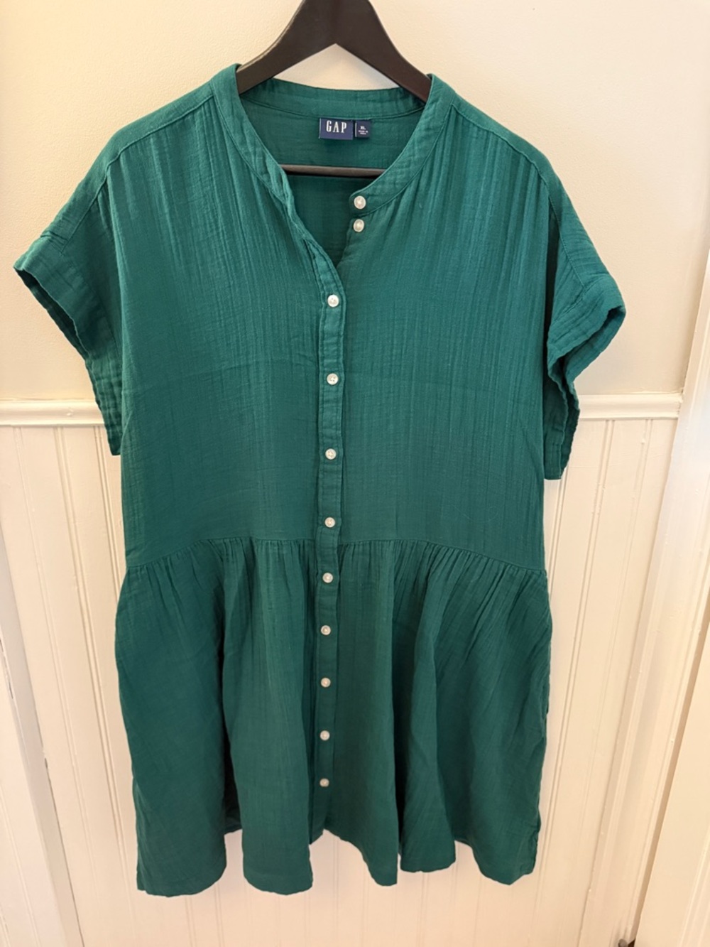 GAP Emerald Green Button-Front Cotton Gauze Dress